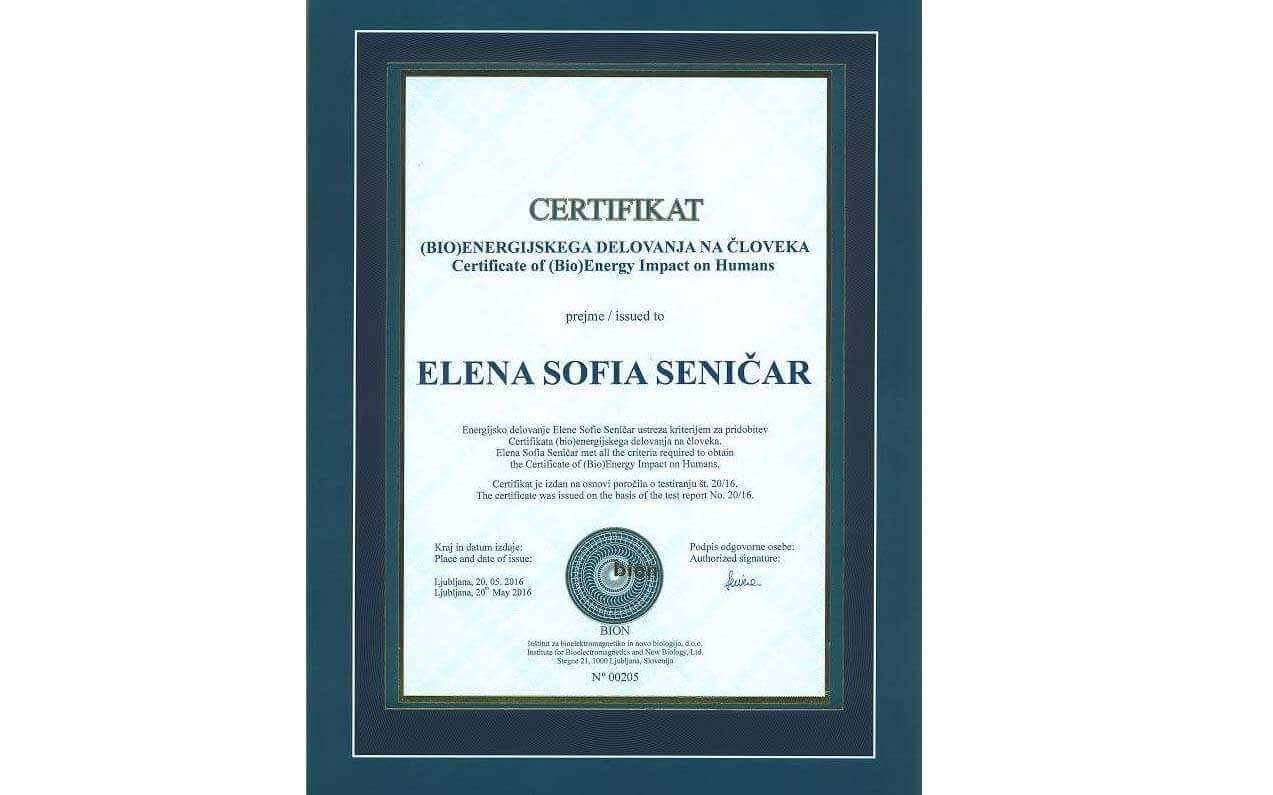 energetski obesek za živali Elenas - certifikat